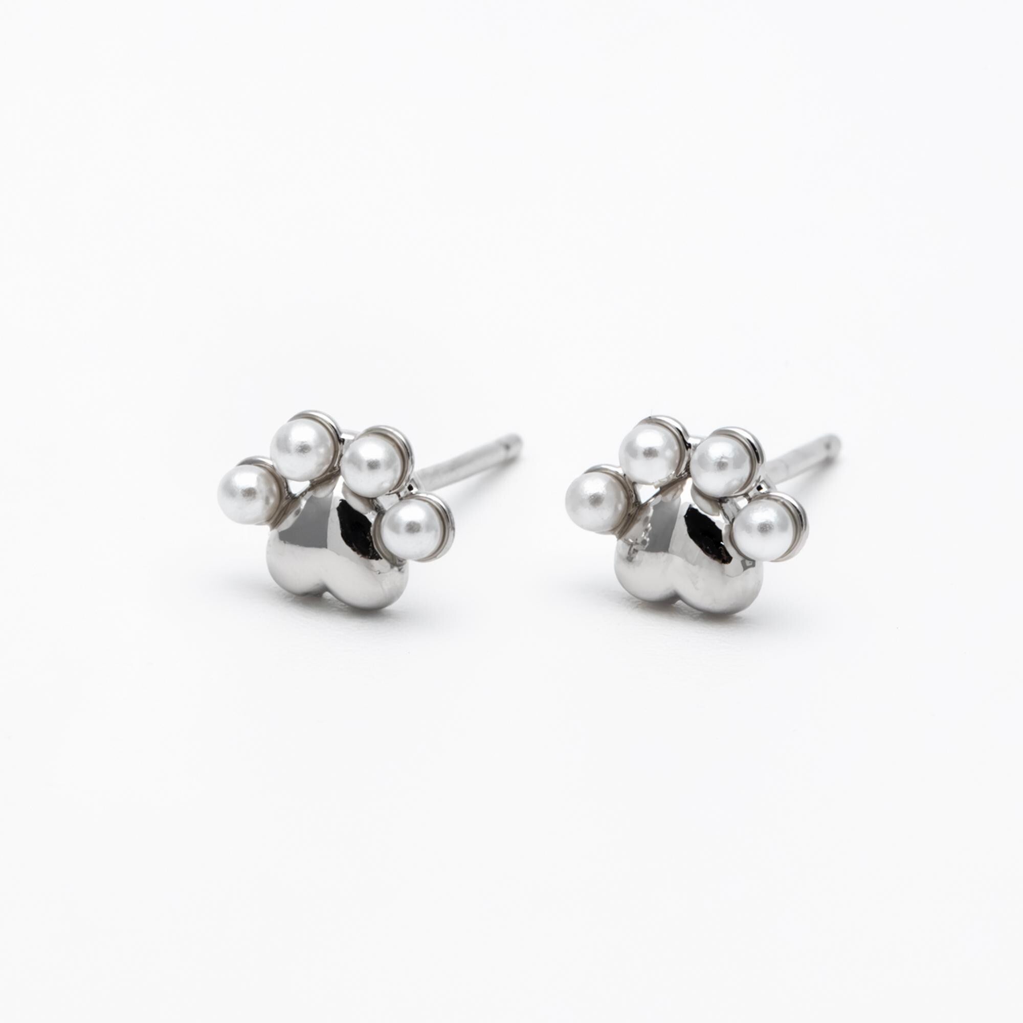 4pcs Gold/ Silver Faux Pearl Pet Paw Print Earrings, 18K Gold/ Rhodium Plated Brass, Minimalist Stud Earring (GB-4633)